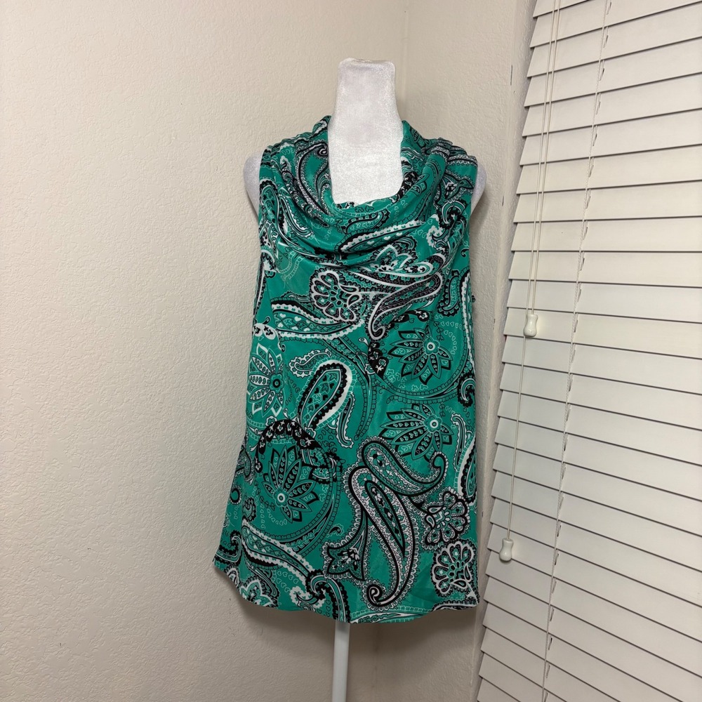 Sunny Leigh Y2K Green Teal Paisley Cowl Neck Sleeveless Top Sz L Western Retro
